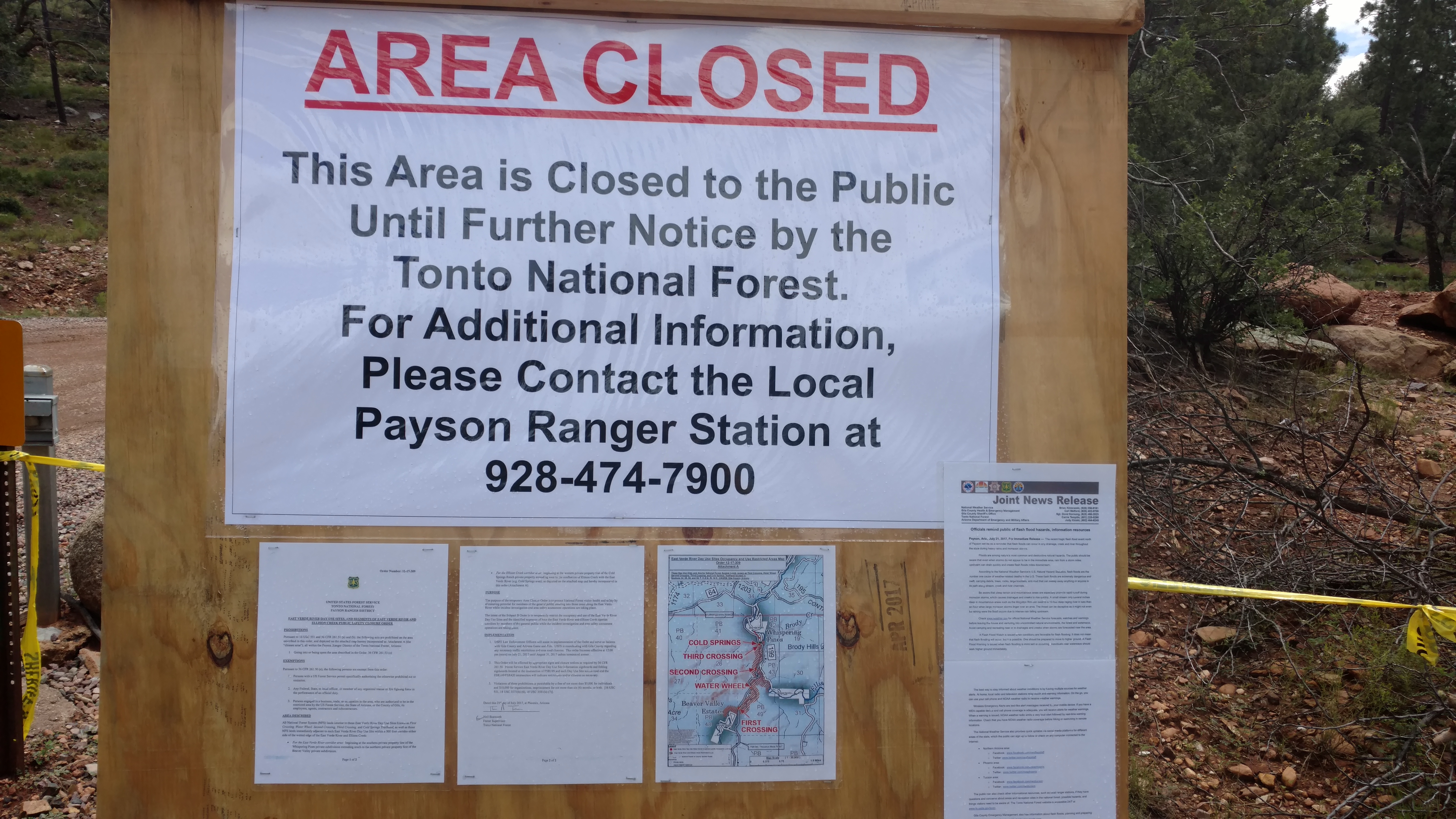 Closure sign for the Cold Springs Swimming Hole after the tragic flash flood